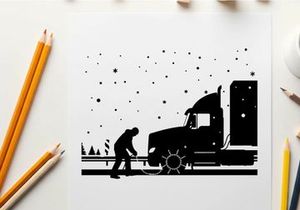 Silhouette of a man fixing a semi truck on a snowy road