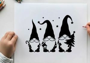 Three gnomes silhouette with christmas tree and stars