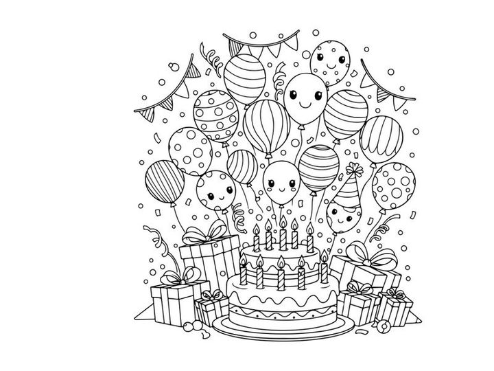 Happy birthday celebration with cake and balloons vector illustration