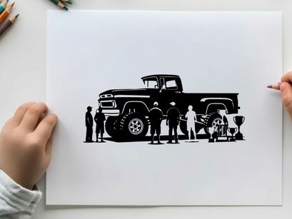 Silhouette of people standing next to a large pickup truck silhouette
