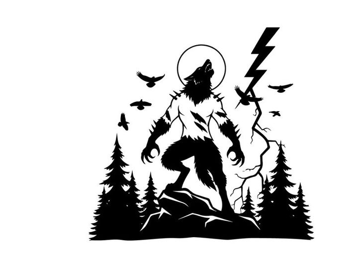 Silhouette of a werewolf in a forest with lightning and birds silhouette