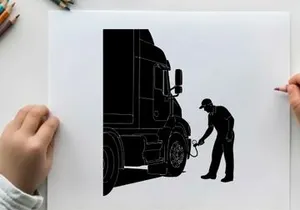 Silhouette of a man checking a semi truck tire in a depot