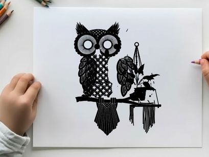 Owl silhouette perched beside a hanging plant