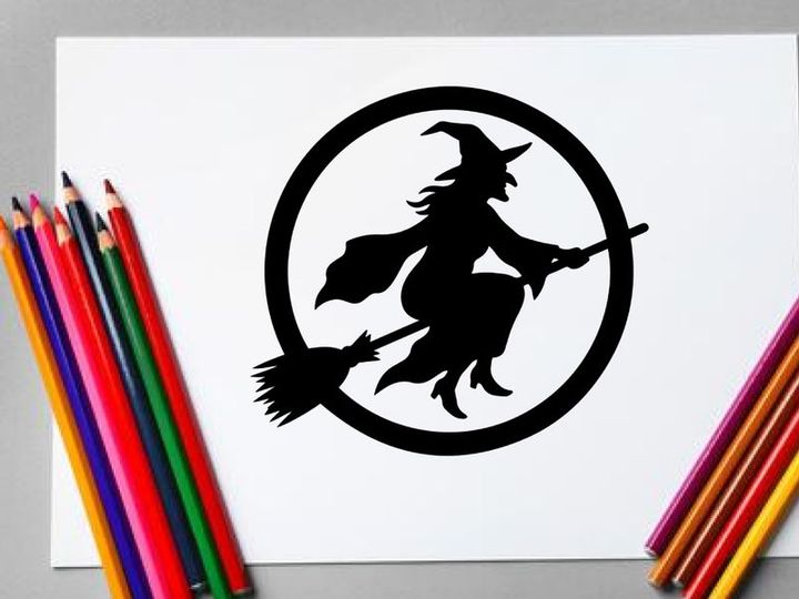 Silhouette of a witch riding a broomstick in a circular frame