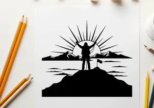 Silhouette of a person standing on a mountain at sunrise