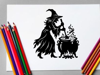 Witch Stirring Potion in Cauldron for Halloween or Fantasy Scene
