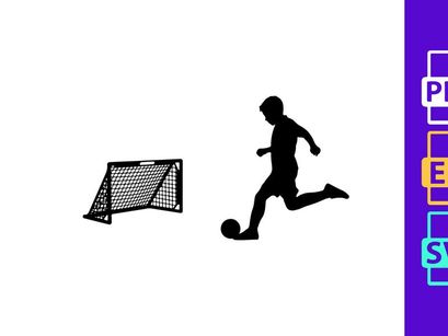 Silhouette of soccer player kicking ball towards goal