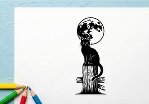 Silhouette of a Cat Sitting on a Tree Stump Under Full Moon