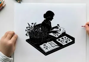 Silhouette of a woman studying botanical illustrations and flowers