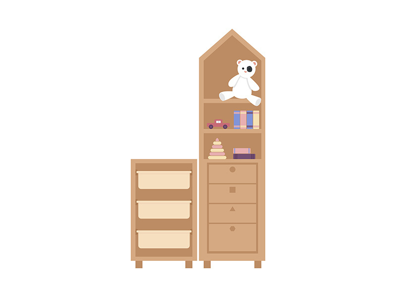 Bookshelf with toys and books semi flat color vector object