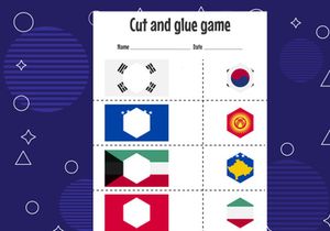 12 Pages Cut and glue game for kids with country flag. Cutting practice for preschoolers. Education paper game for children