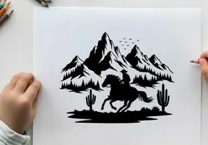 Cowboy riding horse silhouette in desert mountain landscape