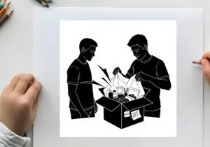 Two men examining contents of a box silhouette