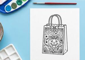 Tas hadiah Halloween dengan desain labu jack-o-lantern. Tote permen Halloween yang menyeramkan dengan pola renda putih rumit di latar belakang transparan.