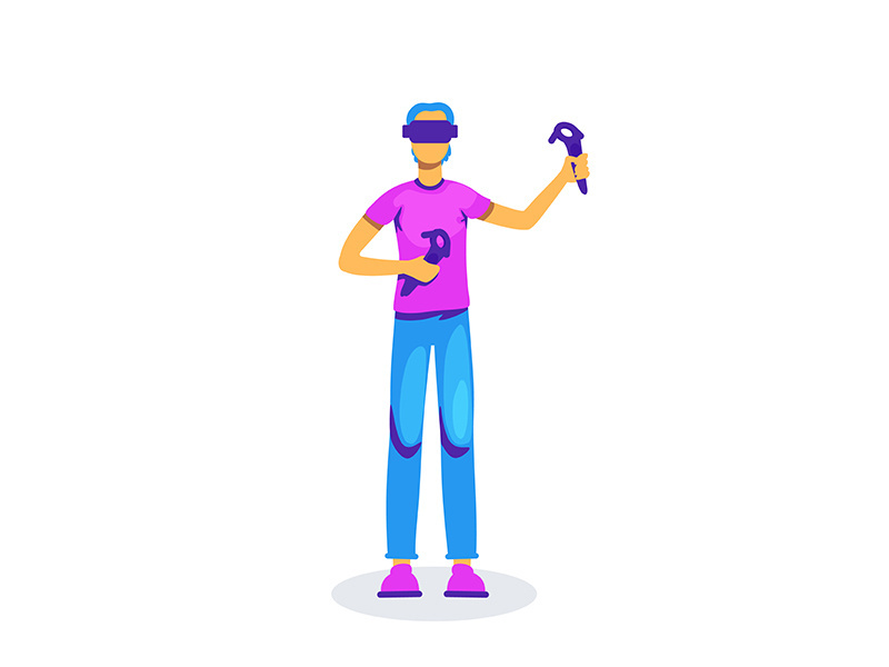 Man with VR controllers flat color vector faceless character