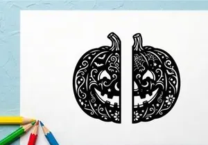 Decorative Halloween pumpkin with carved smiling face and floral patterns