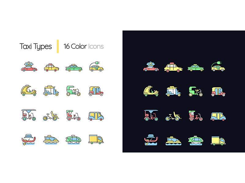 Taxi types light and dark theme RGB color icons set