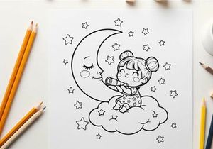 Cute baby sleeping on moon with stars vector illustration