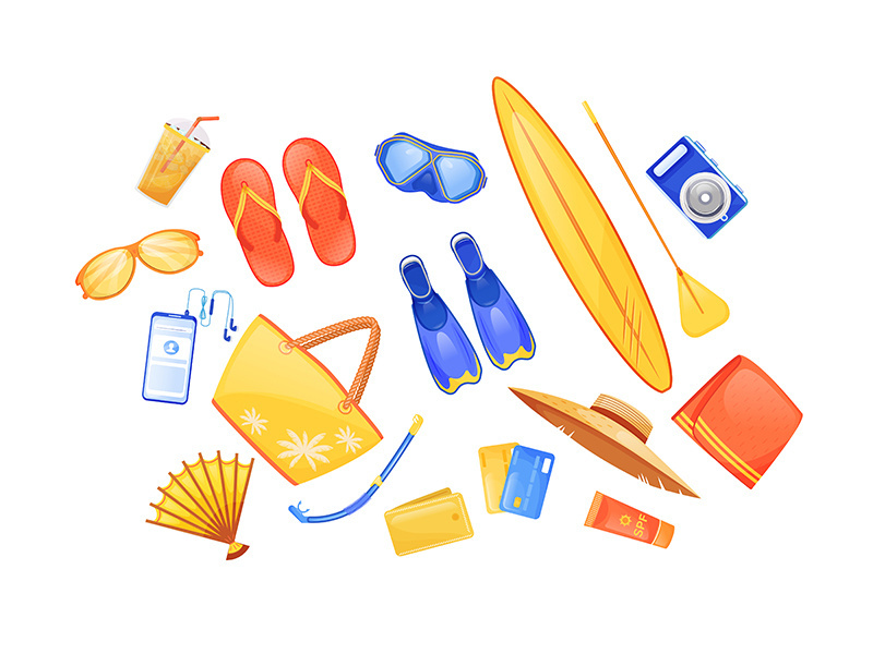 Summer beach essentials flat color vector objects set