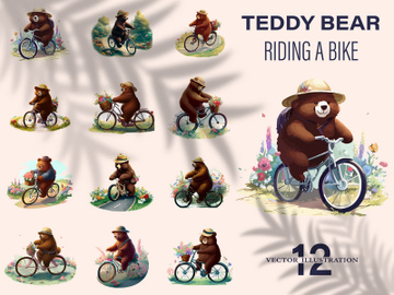 Bear riding a bike in floral countryside road, isolated in white background. preview picture