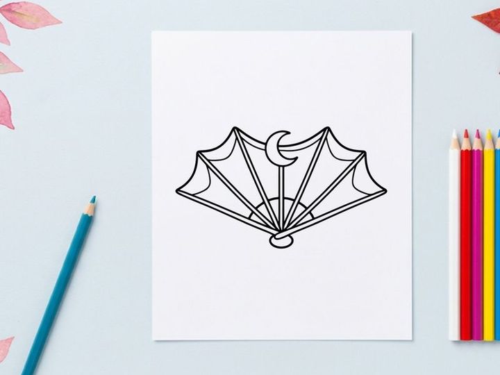 Halloween bat wing hand fan icon. Gothic folding fan with crescent moon symbol.