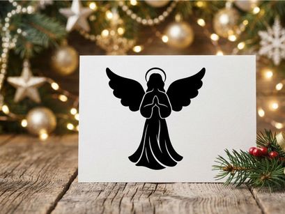 Silhueta preta de um anjo em oração com asas e auréola isolado em fundo branco