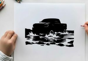 Silhouette of a pickup truck driving through water on a road