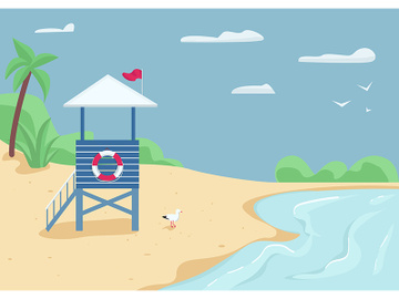 Lifeguard tower on sand beach flat color vector illustration preview picture