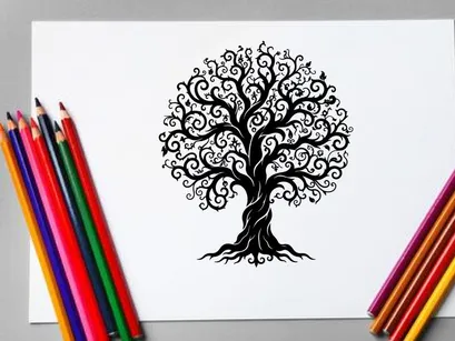Dekorative schwarze Silhouette eines stilisierten Baumes mit kunstvollen, wirbelnden Ästen