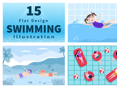 15 Cute Little Kids Swimming Vector Illustration