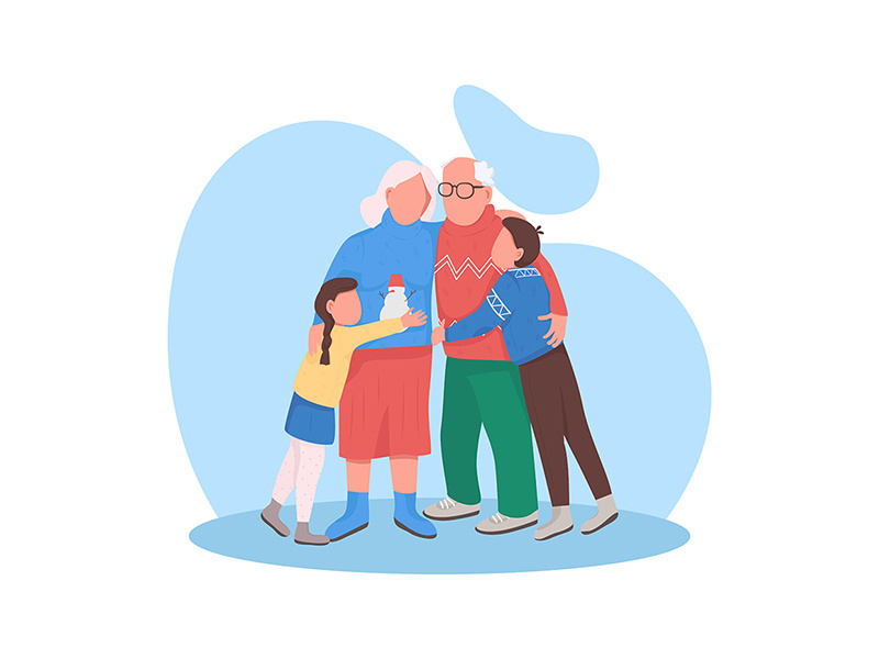 Grandparents with grandchildren on Christmas flat color vector faceless character