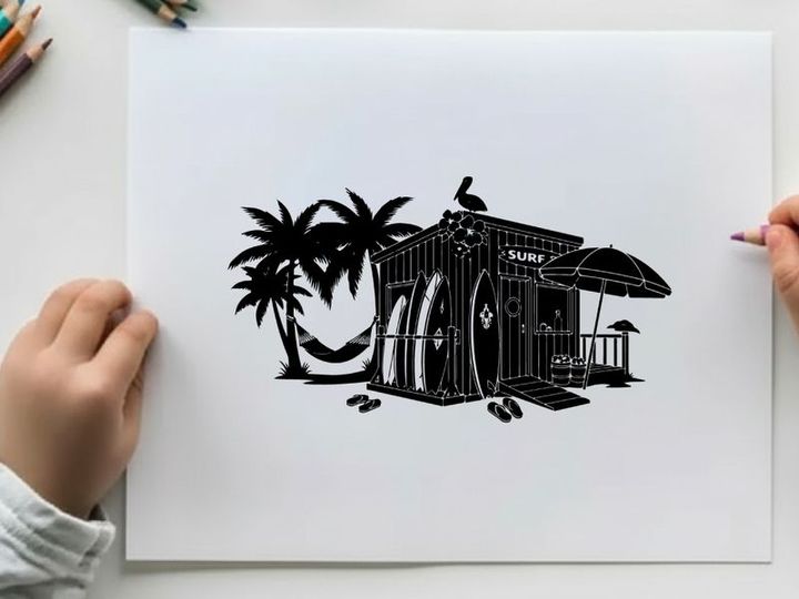 Beachside surf shack silhouette with palm trees and tropical vibes