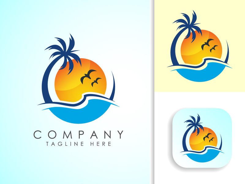 Beach logo design. Sun sunset sunrise with beach ocean sea water logo icon.