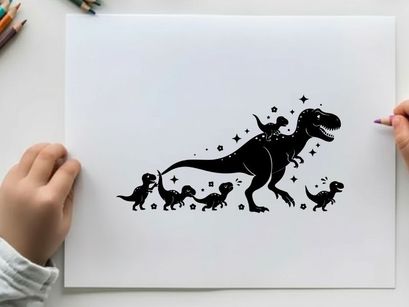 Silhouette of a t rex and its babies in space