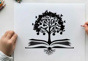Silhouette of tree growing out of open book with birds