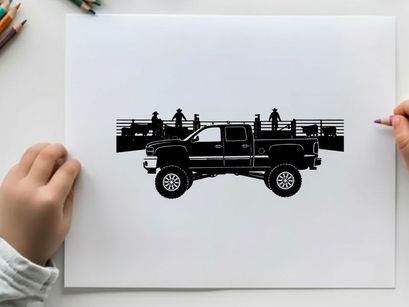 Silhouette of a pickup truck with people and cattle in a rural setting silhouette