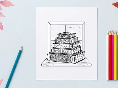 Livros vintage empilhados em nicho de vidro com cenário natalino de flocos de neve para decoração de feriados