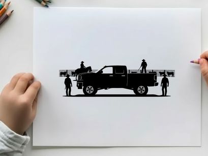 Silhouette of people and a horse standing near a pickup truck