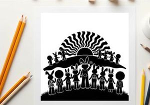 Silhouette of rabbits and children at sunset with wavy rays silhouette