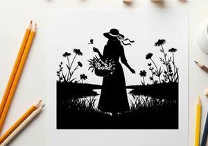 Silhouette of a woman in a field with flowers and a basket
