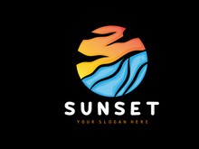 Sunset Logo, Beach Design, River And Sun Illustration, Vector Enjoying The Twilight