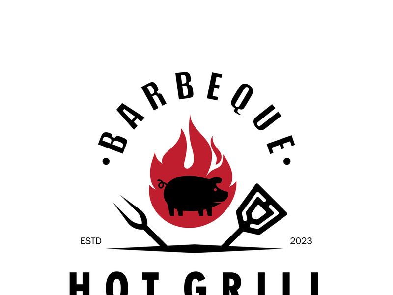 Smoke and BBQ Barbecue Vintage hot grill, with crossed flames and spatula. Logo for restaurant, badge, cafe and bar.vector
