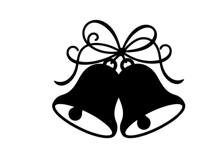 Schwarze Silhouette von Weihnachtsglocken mit dekorativer Schleife auf weißem Hintergrund