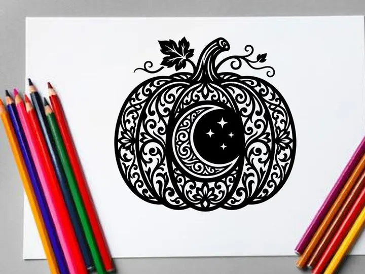 Decorative Halloween Pumpkin with Intricate Black Design