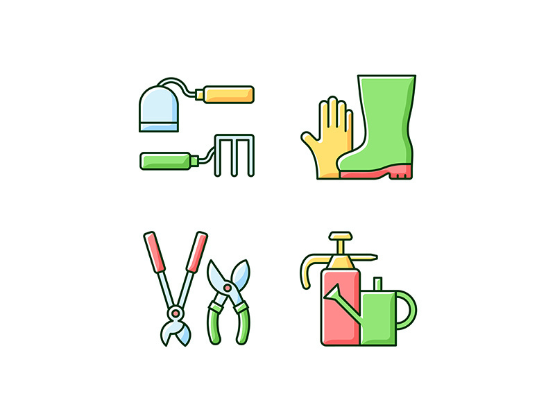 Gardening supplies RGB color icons set