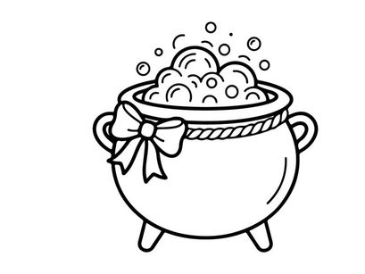 Cute cartoon cauldron with bubbling potion and magical smoke. Whimsical witchcraft cooking illustration for fantasy or Halloween themes.
