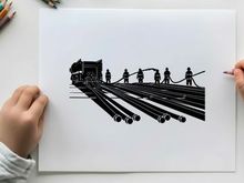 Firefighters in silhouette operating hoses and truck