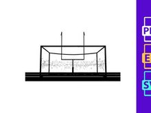 A soccer goal on a green field with white background and netting