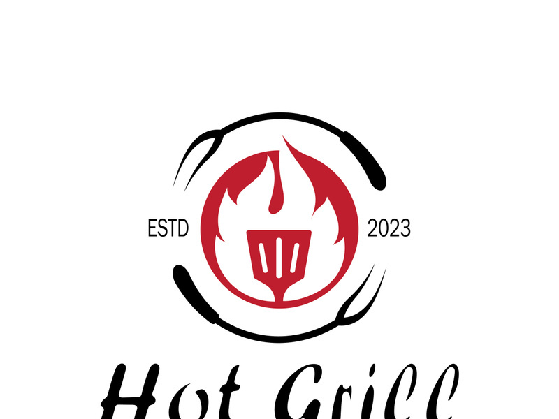 Simple Barbecue Vintage hot grill, with crossed flames and spatula. Logo for restaurant, badge, cafe and bar.vector