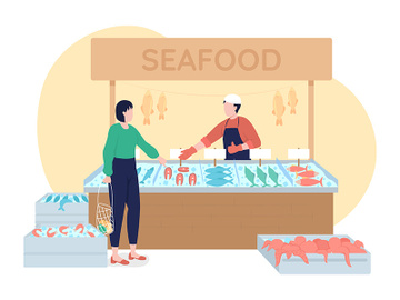 Seafood stall with frozen production 2D vector isolated illustration preview picture